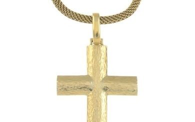 A cross pendant, suspended from a fancy-link chain.Chain...