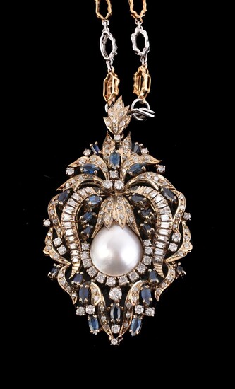 A diamond, sapphire and mabé pearl pendant on chain