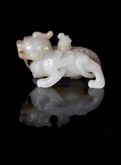 A fine Chinese pale celadon jade Chimera form water pot and cover