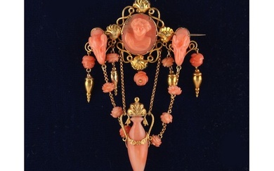 A good Victorian unmarked high carat gold carved coral brooc...