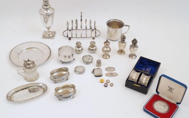 A group of silver and silver plate, to include: a silver christening cup, Chester, 1926, Barker Brothers Ltd, with scroll handle, 6.8cm high; a silver six division toast rack, Birmingham, 1945, E J Houlston, 15.5cm wide; a sugar caster, stamped...