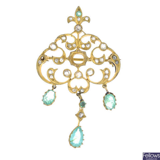 A late 19th century 15ct gold emerald and diamond brooch.
