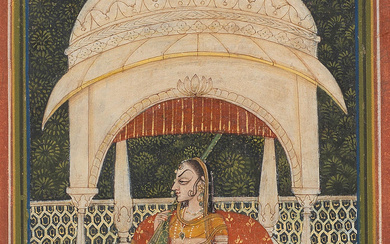 A maiden with a musical instrument seated in a pavilion...