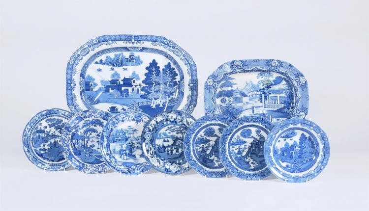 A miscellaneous selection of Staffordshire blue and white chinoiserie pottery