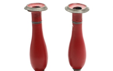 A pair of Augustenborg pewter candlestick with red decoration. 19th century. H....