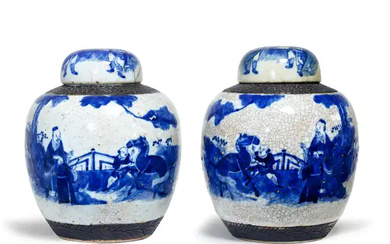 A pair of Chinese blue and white jars and covers, Qing dynasty,...