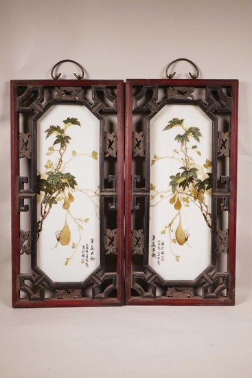 A pair of Chinese polychrome porcelain panels decorated with...