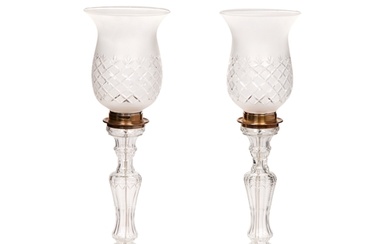 A pair of Dutch cut glass table lamps The shades of trumpet...