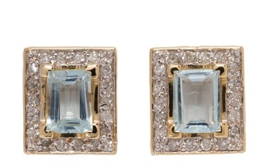 A pair of aquamarine, diamond and 14k gold earrings