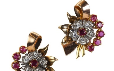 A pair of bicoloured gold ruby and diamond clip earrings, c.1950