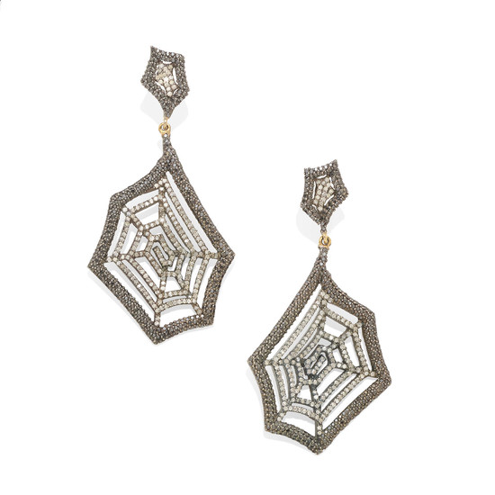 A pair of colored diamond and diamond spiderweb ear pendants