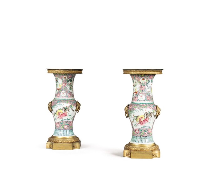 A pair of famille-rose ormolu-mounted yenyen vases China, Qing Dynasty, 18th century