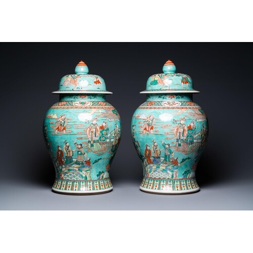 A pair of large Chinese turquoise-ground famille verte vases...