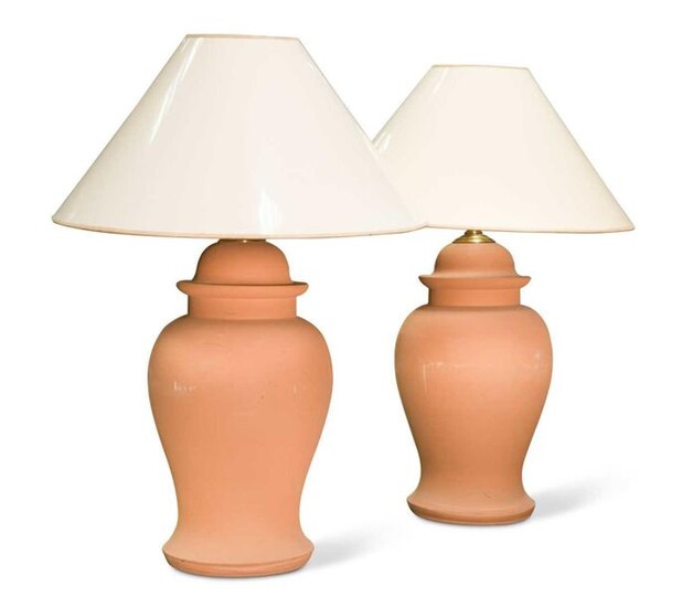 A pair of modern terracotta baluster vase lamps
