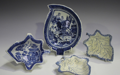 A pair of pearlware leaf shaped pickle dishes, late 18th/early 19th century, length 13.4cm, another