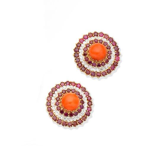 A pair of ruby, coral and diamond earclips, circa 1970