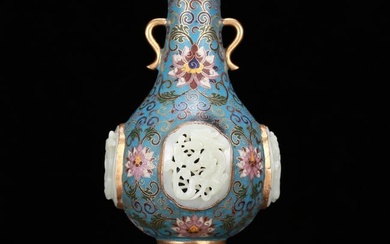 A precious cloisonné vase with white jade lotus and dragon pattern