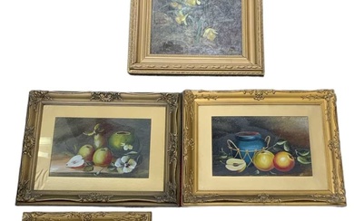 A set of four decorative gilt framed oils on board,...
