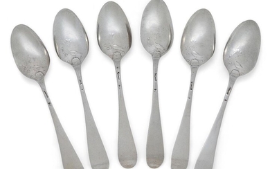 A set of six George III silver 'Dove & Olive Branch' picture-back teaspoons, London, c.1770, William Withers, Hanoverian pattern, the fronts of terminals engraved with initial, 12.9cm long, total weight approx. 2.9oz (6) Provenance: Property of a...