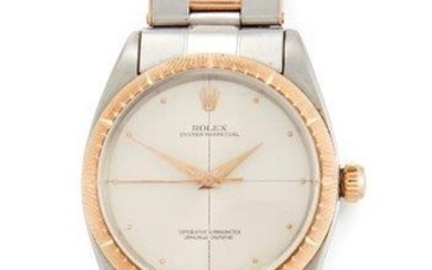 A steel and rose gold automatic 'Oyster Perpetual' 'Zephyr' wristwatch, by Rolex, reference, 1008, the silvered 'crosshair' dial with luminous dot markers, sweep centre seconds, and luminous dauphine hands, signed Rolex Oyster Perpetual, to rose...