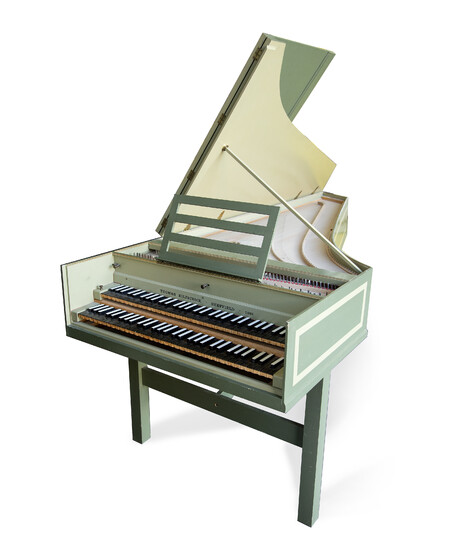 A two manual green painted harpsichord