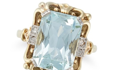 AN AQUAMARINE AND DIAMOND RING set with an octagonal step cut aquamarine of approximately 7.37