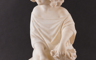 AN ITALIAN CARVED ALABASTER FIGURE OF A SEATED GIRL ON BASE