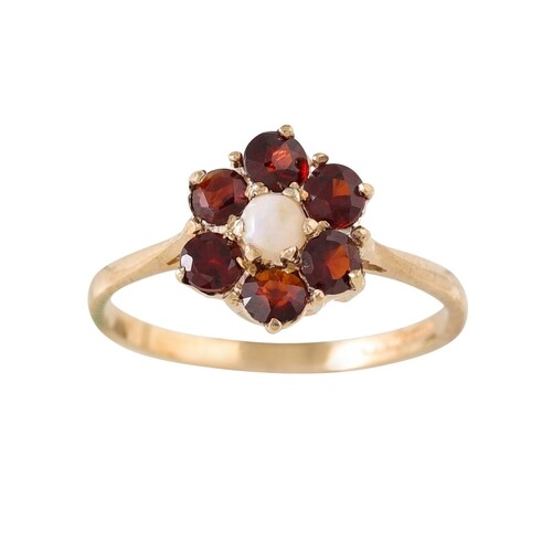 AN OPAL AND GARNET CLUSTER RING, mounted in 9ct gold, size L...