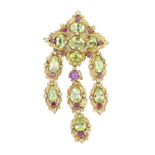 ANTIQUE VICTORIAN CHRYSOBERYL AND RUBY DROP PENDANT, the to...
