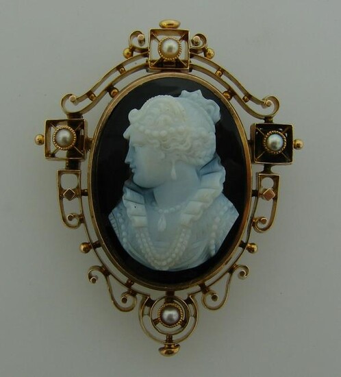 Agate Cameo Pearl Gold PIN BROOCH PENDANT Victorian