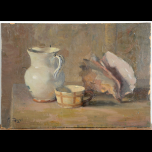 Alessandro Guzzi ( Secolo XIX ) , "Conchiglia, tazza, vaso" olio su cartone pressato (cm 35x50) Firmato in basso a sinistra (difetti)