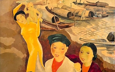 Alix AYME (1894-1989) Femmes vietnamiennes au bord d'une rivière Laque sur panneau, signé en bas...