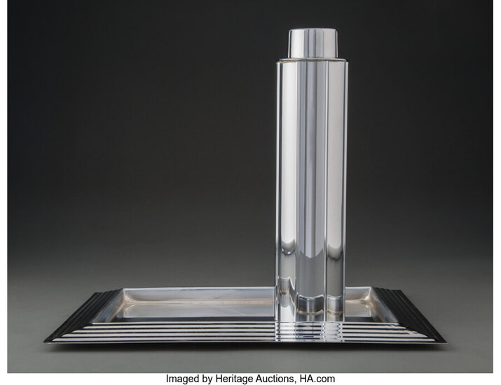American Artist (20th Century), A Norman Bel Geddes for Revere Manhattan Chromed Cocktail Shaker with Tray (introduced 1935)