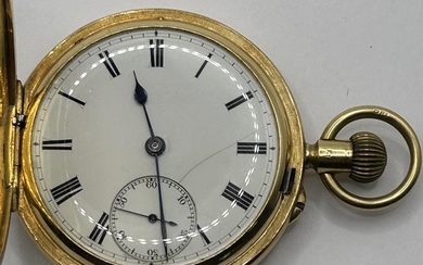 An 18ct gold hunter pocket watch, the enamel dial with Roman...