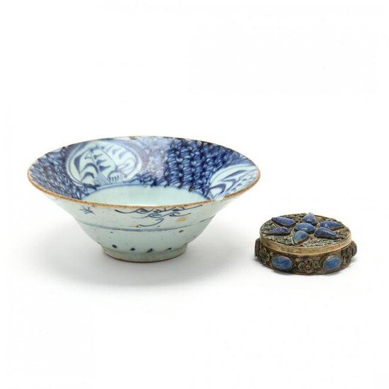 An Asian Blue and White Porcelain Bowl and Silver Box