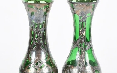An Assembled Pair of Silver Overlay Glass Vases