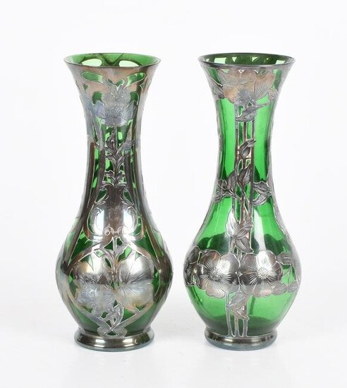 An Assembled Pair of Silver Overlay Glass Vases