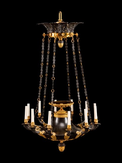 An Empire Style Gilt and Painted Metal Twelve-Light Chandelier