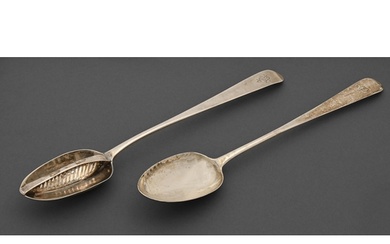 An Irish George III silver straining spoon and a gravy spoon...