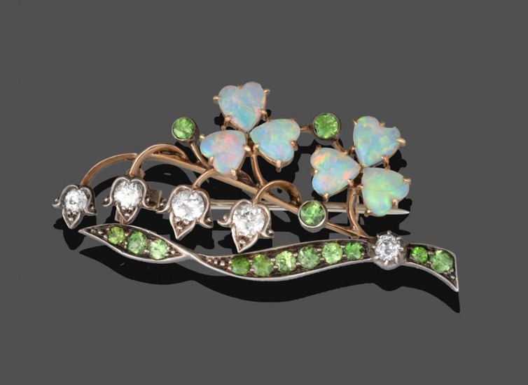 An Opal, Diamond and Demantoid Garnet Brooch, in the form...