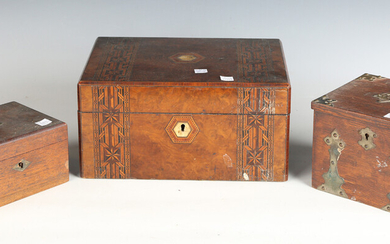 An early Victorian rosewood tea caddy of sarcophagus form, width 38cm (faults), together with a grou