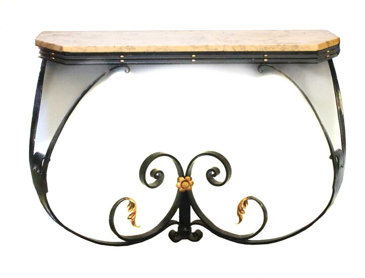 An iron marble console table with parcel gilt scrolling and foliate decoration