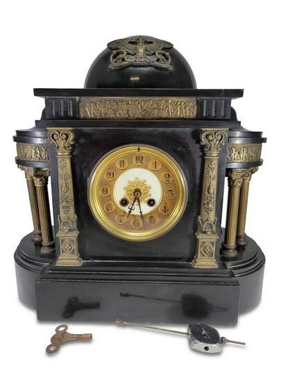Antique French marble and bronze mantle clock