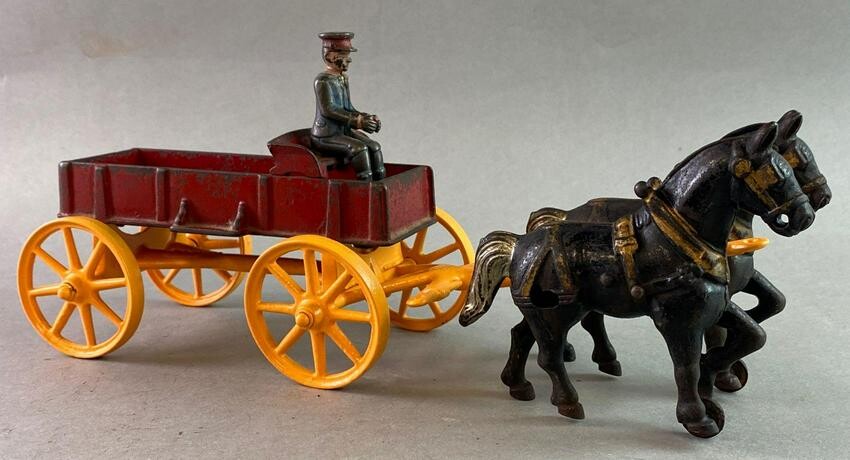 Antique Kenton Cast Iron Horse Drawn Wagon