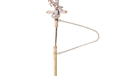 Antique Victorian 14k Gold Enamel Seed Pearl Sword Jabot Pin