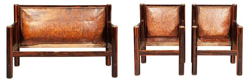 Art Deco Leather-Upholstered Calamander Three-Piece