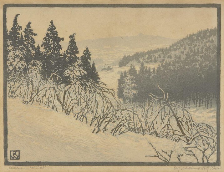 Attributed to Walther Klemm, German 1883-1957, Rauhreif im Fruhlieht; woodcut on wove, titled and inscribed indistinctly in pencil, image: 29.5 x 39.8 cm, (framed) (ARR) Note: This work shows a strong influence of Klemm's friend and studio partner...