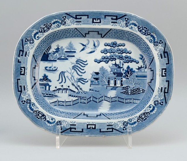 BLUE AND WHITE BLUE WILLOW TRANSFERWARE PLATTER Ovoid. Unmarked. Length 17.5".