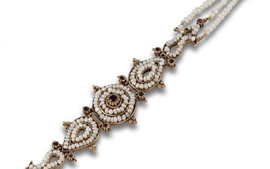 BRACELET, OLD STYLE WITH PEARLS, RUBIES, IN YELLOW GOLD
