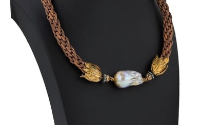 Baroque Pearl Leather & Gold Choker